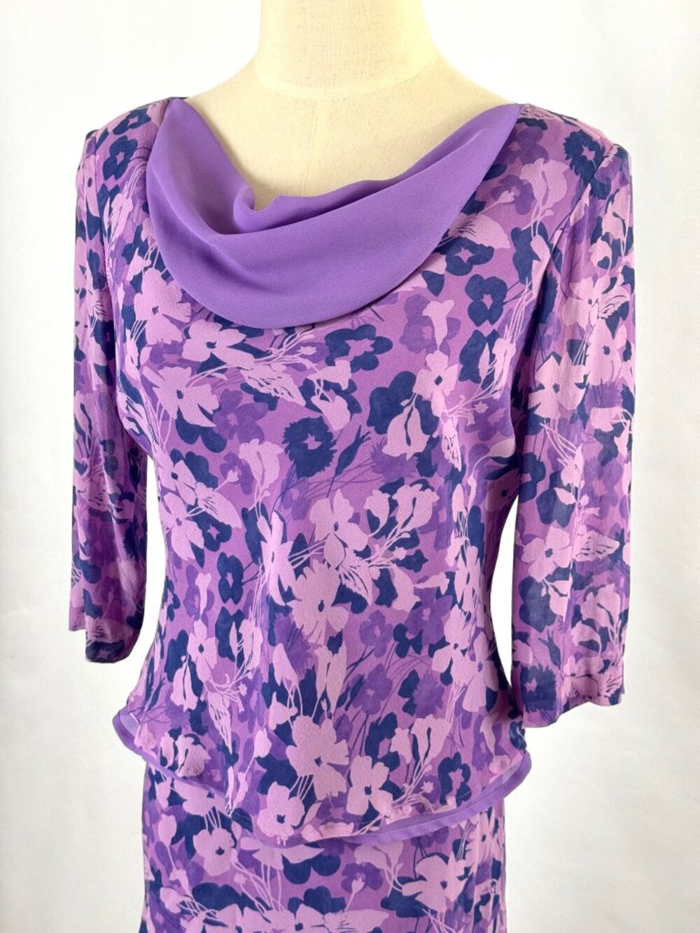 Vtg Y2K Purple Floral 100% Silk Co-ord Matching Set Top Skirt Cowl Neck Feminine - Picture 2 of 16